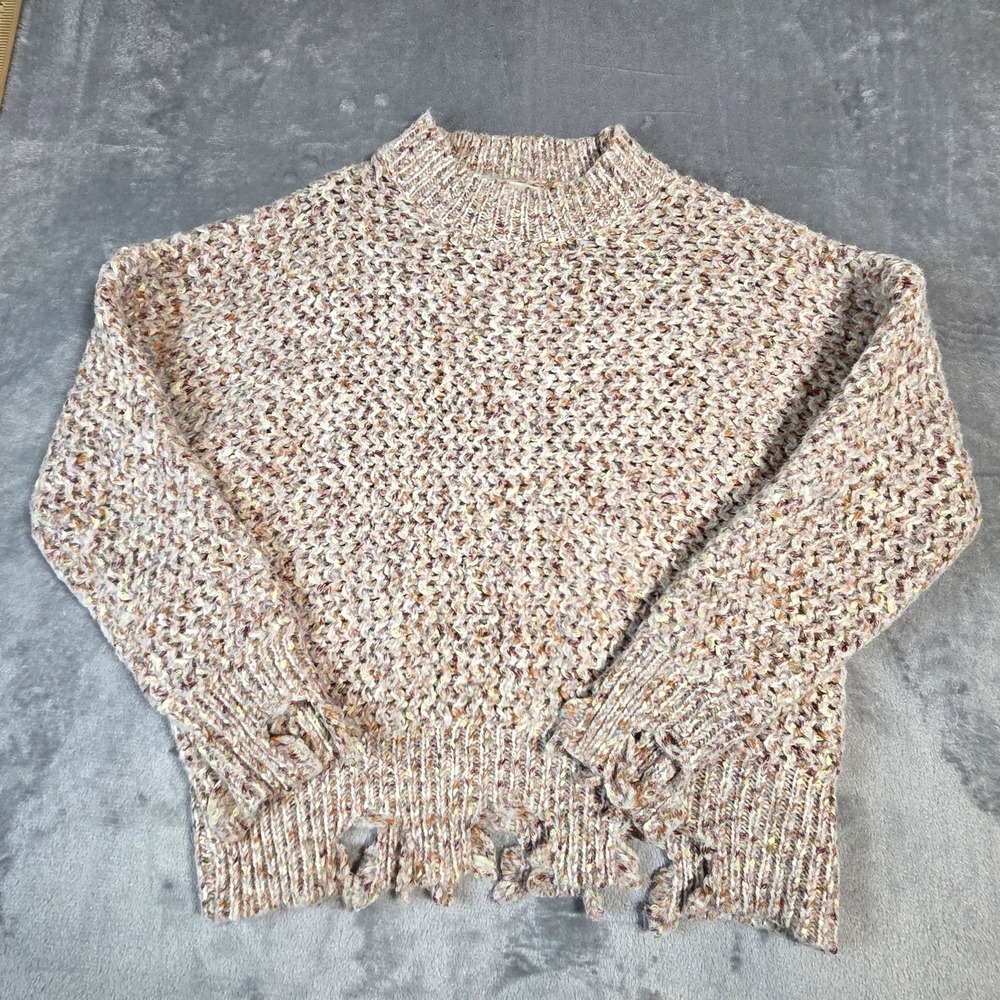 She & Sky womens sweater Neutral cable knit frayed bottoms‎ and sleeves